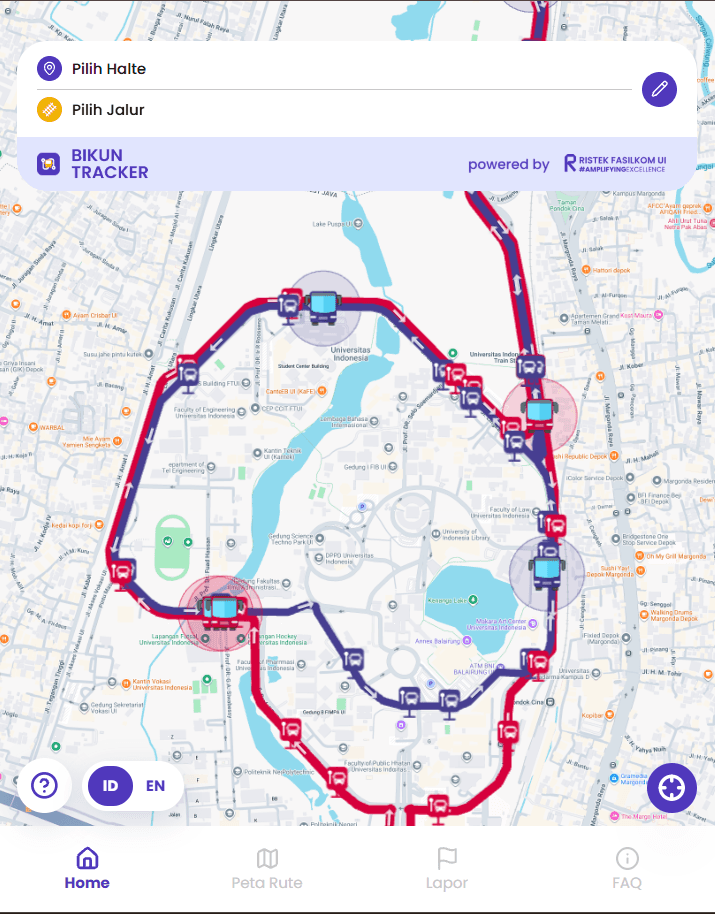 Bikun Tracker showing live bus positions on the Universitas Indonesia route map